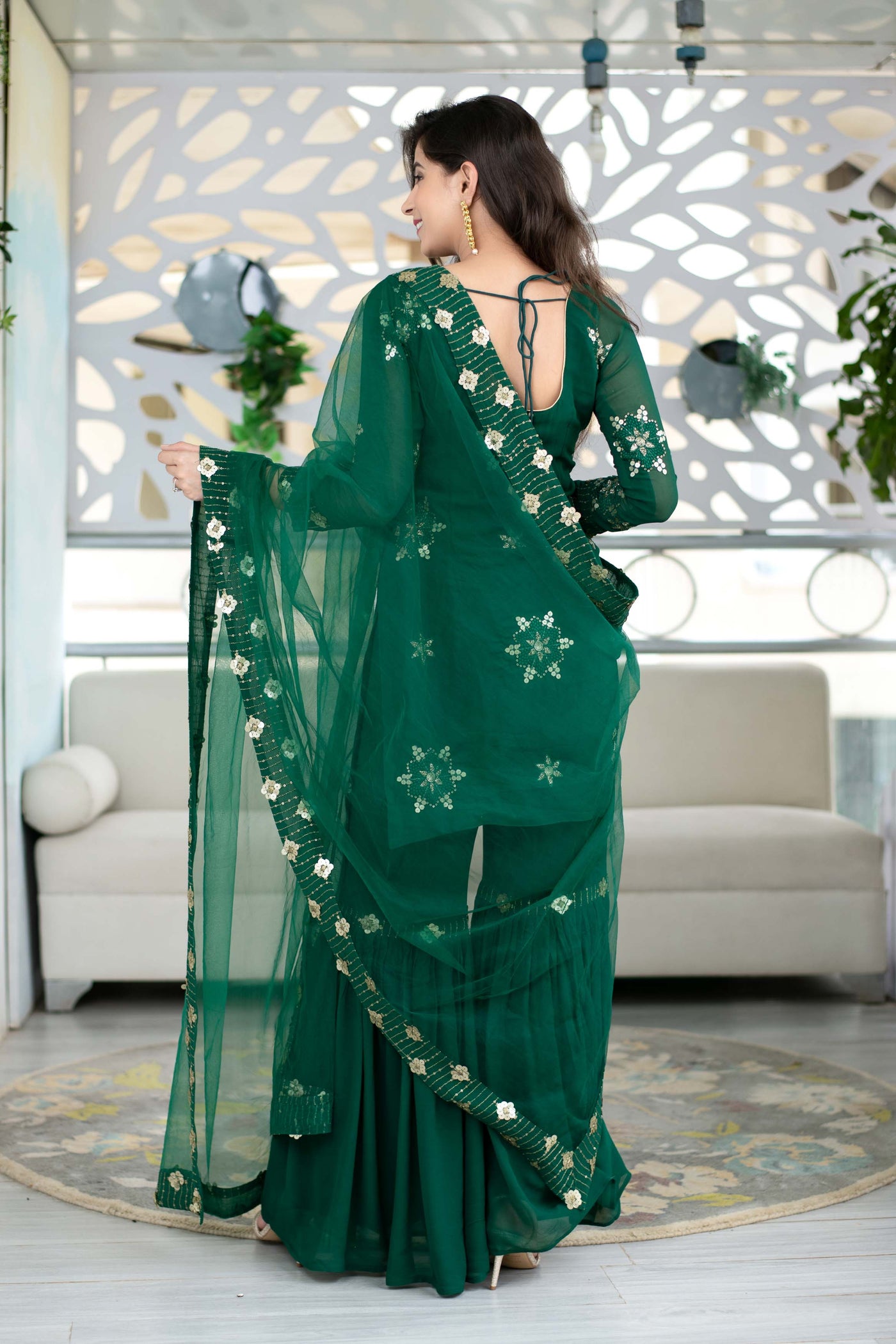 Green Georgette Sharara Suit Set With Net Dupatta | Relove