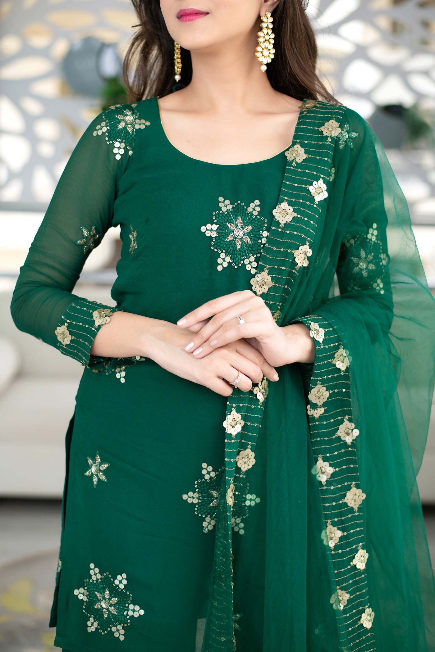 Green Georgette Sharara Suit Set With Net Dupatta | Relove