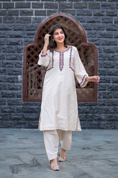 Cream Kurta Embroidery Co-Ord Set