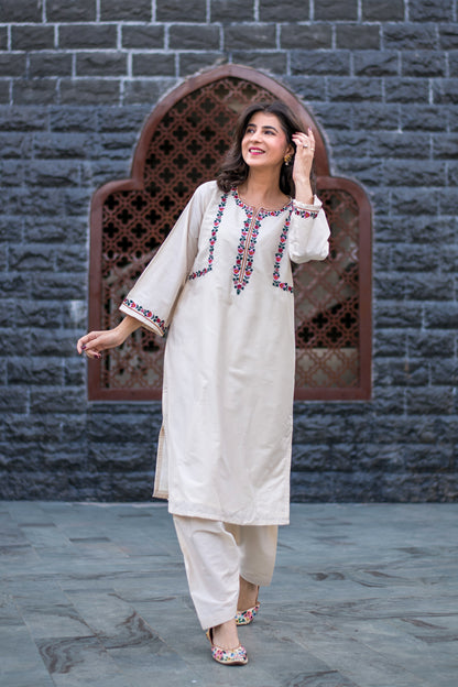Cream Kurta Embroidery Co-Ord Set