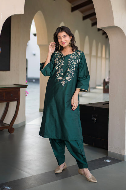 Bottle Green Kurta Embroidery Co-Ord Set