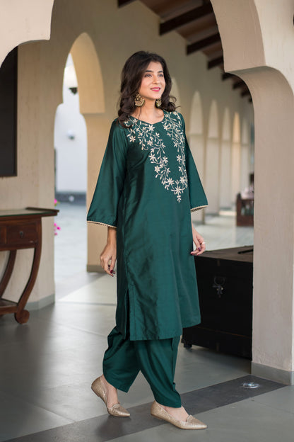 Bottle Green Kurta Embroidery Co-Ord Set