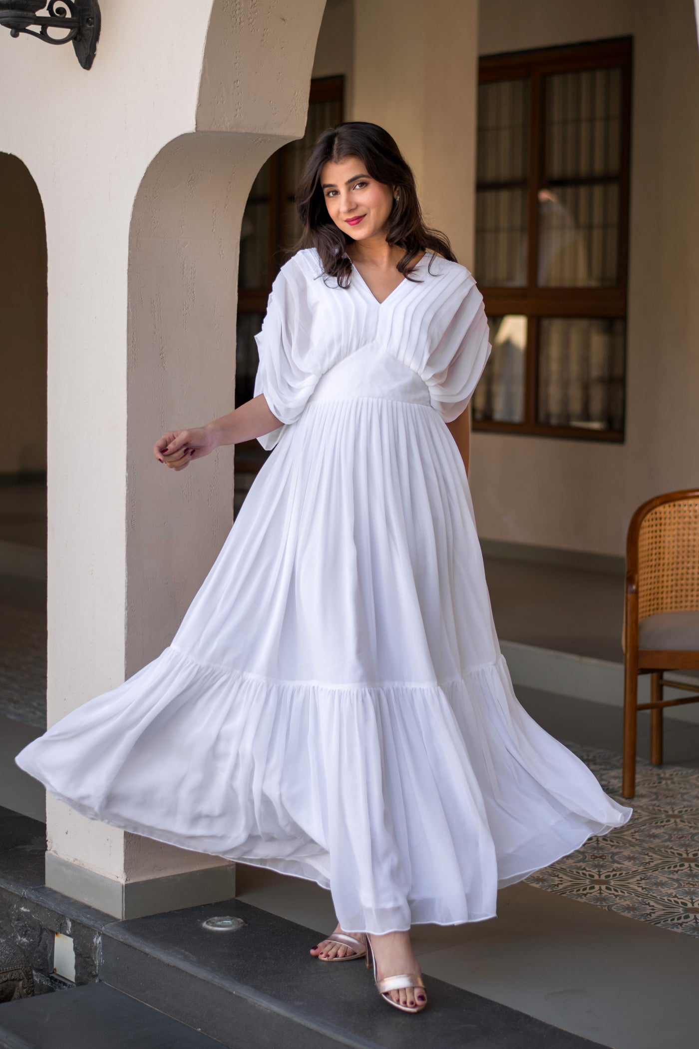 White Pleated Layered Maxi Dress White Pleated Layered Maxi Dress