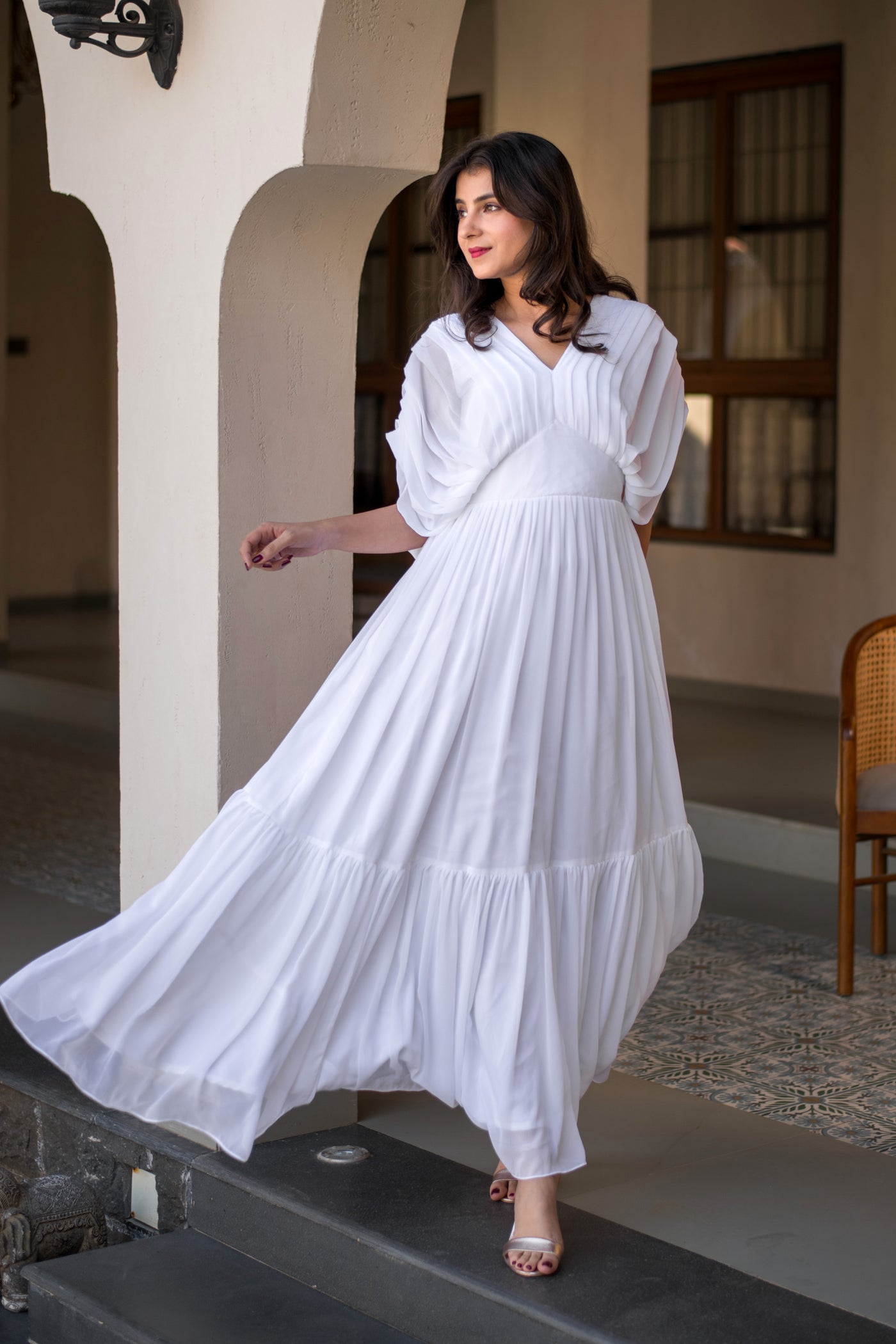 white pleated long dress White Pleated Chiffon Long Maxi Dress White / US 16