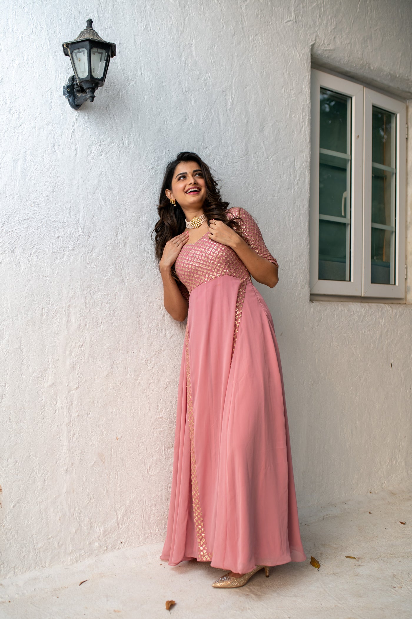 Buy Dusty Pink Sequin Panel Long Dress for Women | Label Shaurya Sanadhya Buy Dusty Pink Sequin Panel Long Dress for Women | Label Shaurya Sanadhya