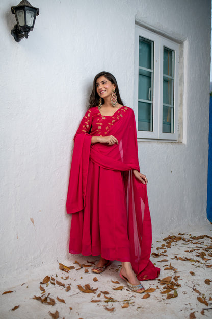 Pink Floral Gold Anarkali Set