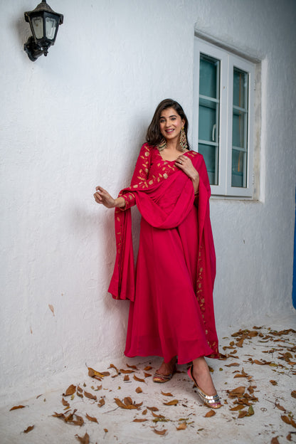 Pink Floral Gold Anarkali Set