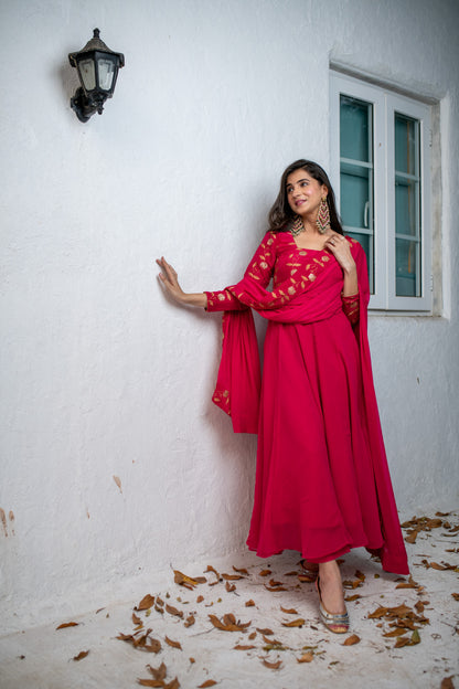 Pink Floral Gold Anarkali Set