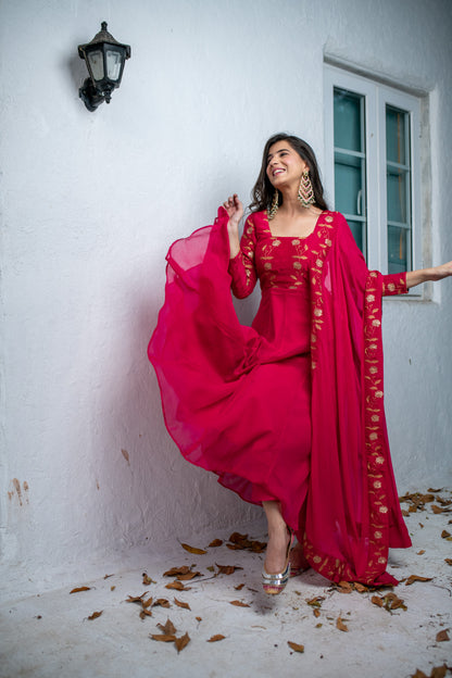 Pink Floral Gold Anarkali Set