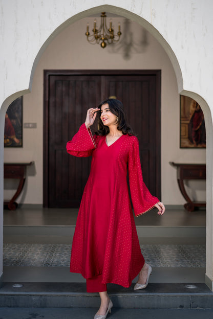 Red And Gold Chanderi Kurta Set