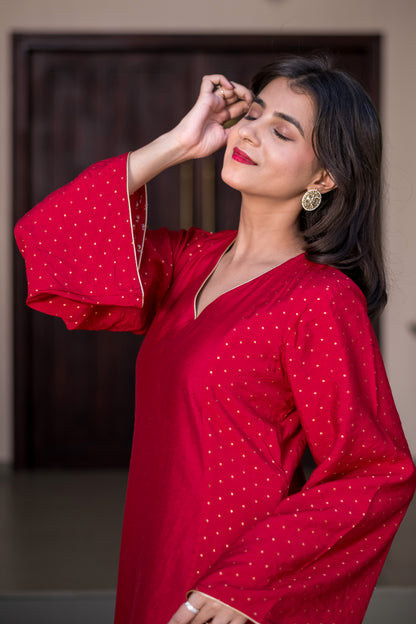 Red And Gold Chanderi Kurta Set