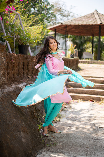 Light pink and Sea green Patiala Set