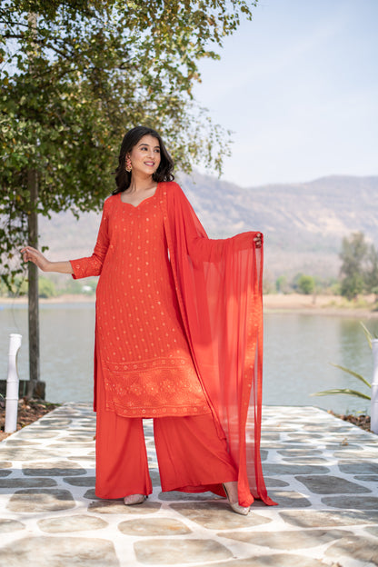 Orange Sequin Kurta Palazzo set with dupatta