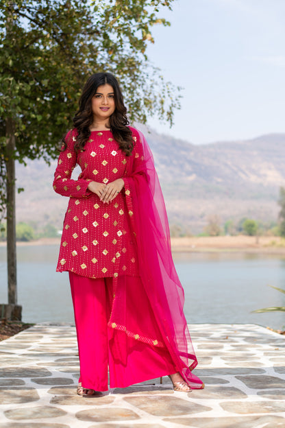 Hot Pink Sequin Kurta Palazzo Set