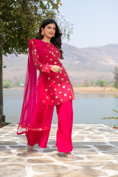 Hot Pink Sequin Kurta Palazzo Set
