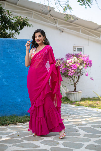 Rani Pink Ruffle saree