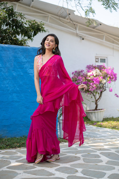 Rani Pink Ruffle saree