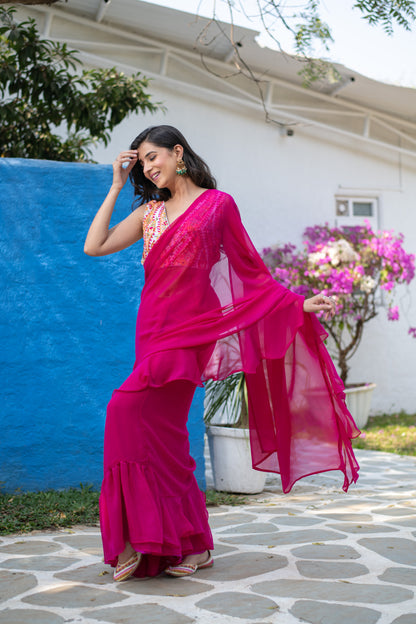 Rani Pink Ruffle saree