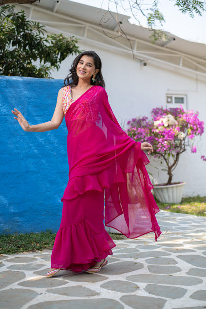 Rani Pink Ruffle saree