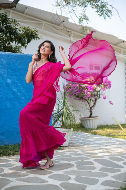 Rani Pink Ruffle saree
