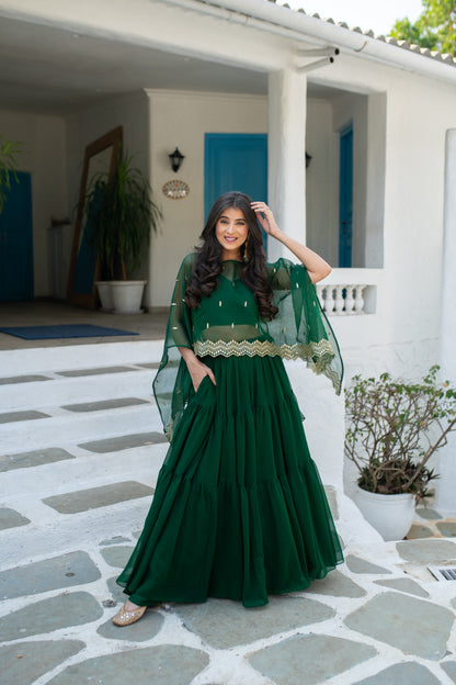 Bottle Green Cape Lehenga Choli
