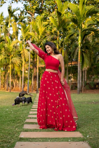 Red one shoulder Lehenga