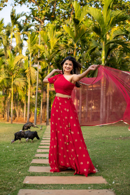 Red one shoulder Lehenga