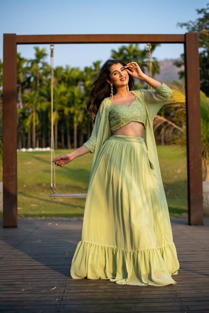 Pastel Olive Lehenga with Jacket