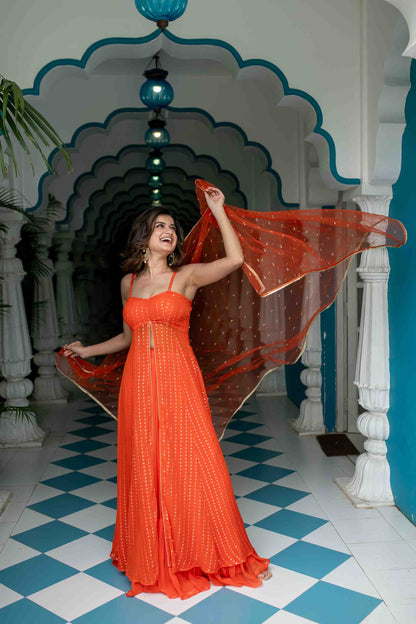 Orange Long Slit Kurta With Skirt