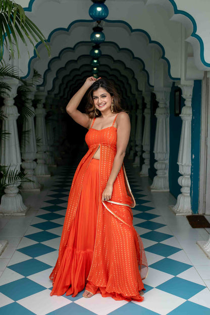 Orange Long Slit Kurta With Skirt