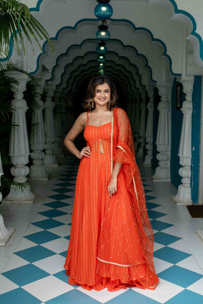 Orange Long Slit Kurta With Skirt