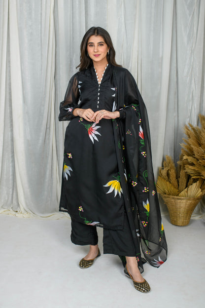 Black Hand Painted Straight Kurta Set