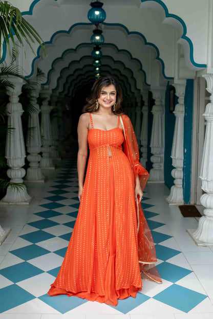 Orange Long Slit Kurta With Skirt