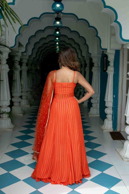 Orange Long Slit Kurta With Skirt
