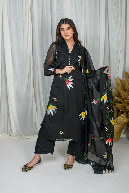 Black Hand Painted Straight Kurta Set