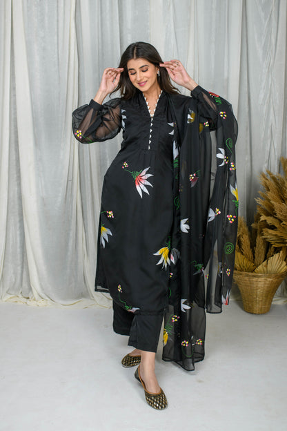 Black Hand Painted Straight Kurta Set