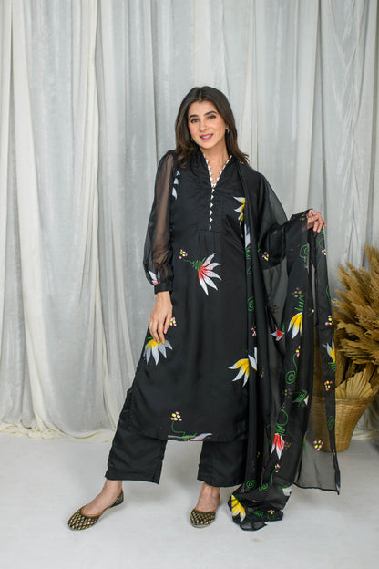 Black Hand Painted Straight Kurta Set