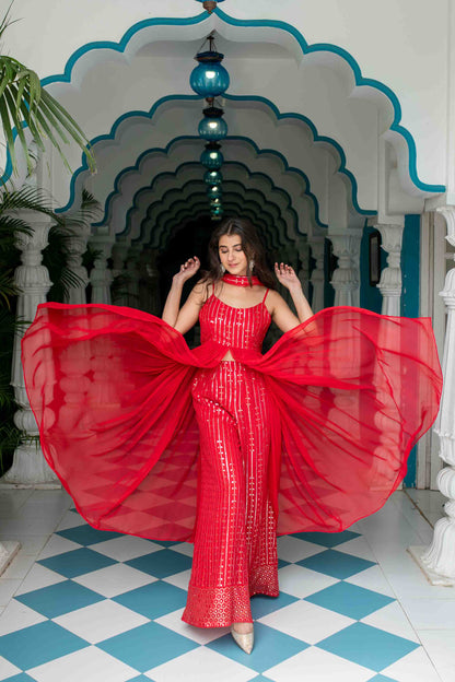 Red Long slit top with palazzo