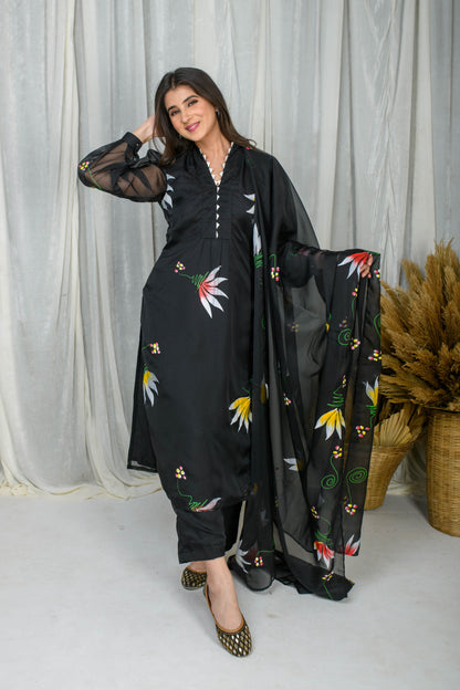 Black Hand Painted Straight Kurta Set