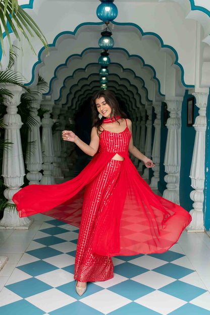 Red Long slit top with palazzo