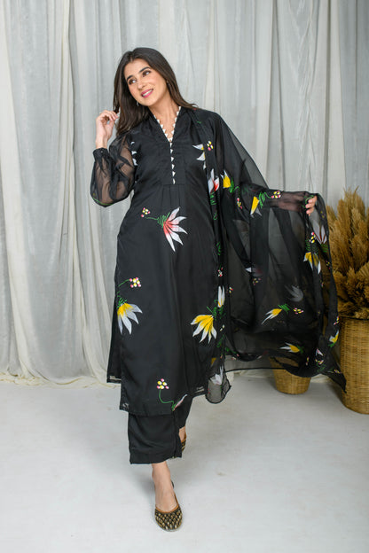 Black Hand Painted Straight Kurta Set