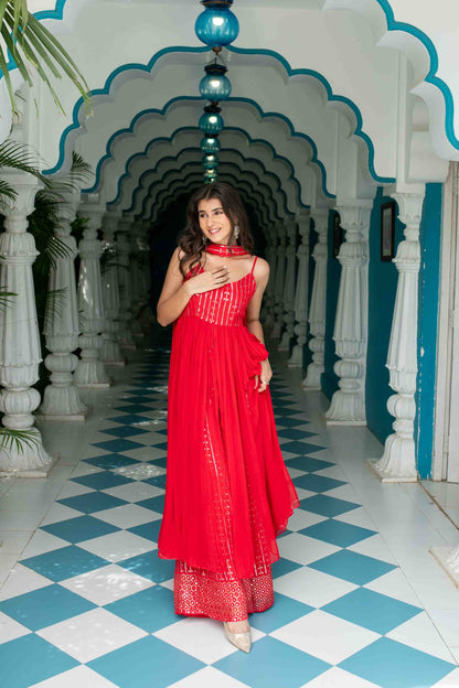 Red Long slit top with palazzo