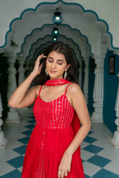 Red Long slit top with palazzo