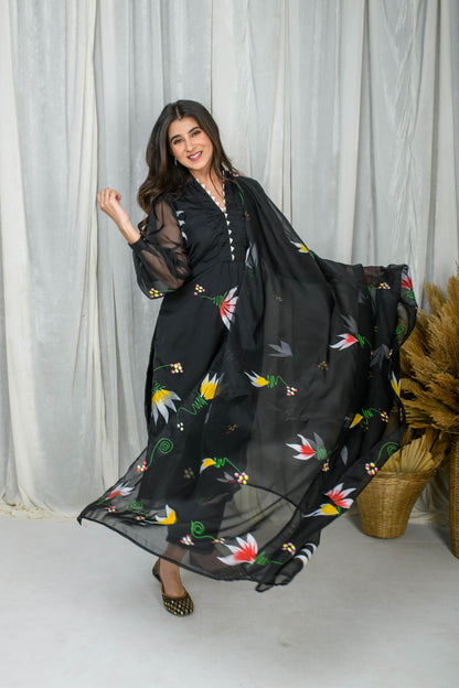 Black Hand Painted Straight Kurta Set