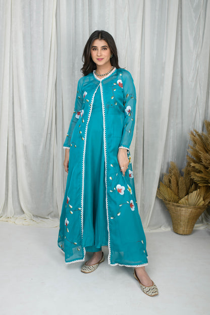 Teal Blue Hand Painted Anarkali With Jacket
