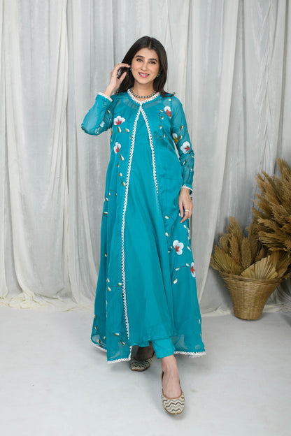 Teal Blue Hand Painted Anarkali With Jacket