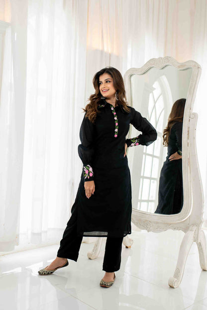 Black Chanderi Embroidered Kurta Set