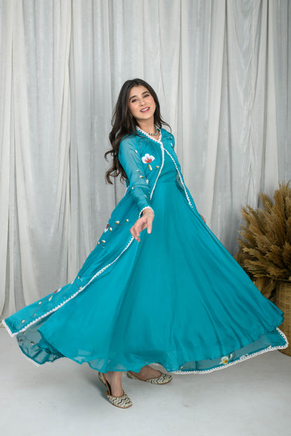 Teal Blue Hand Painted Anarkali With Jacket