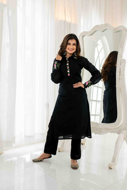 Black Chanderi Embroidered Kurta Set
