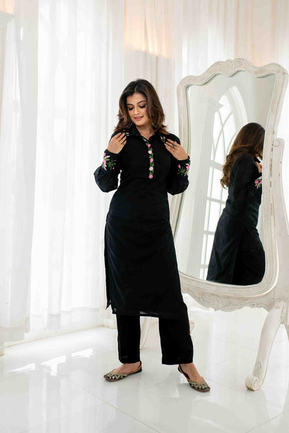 Black Chanderi Embroidered Kurta Set